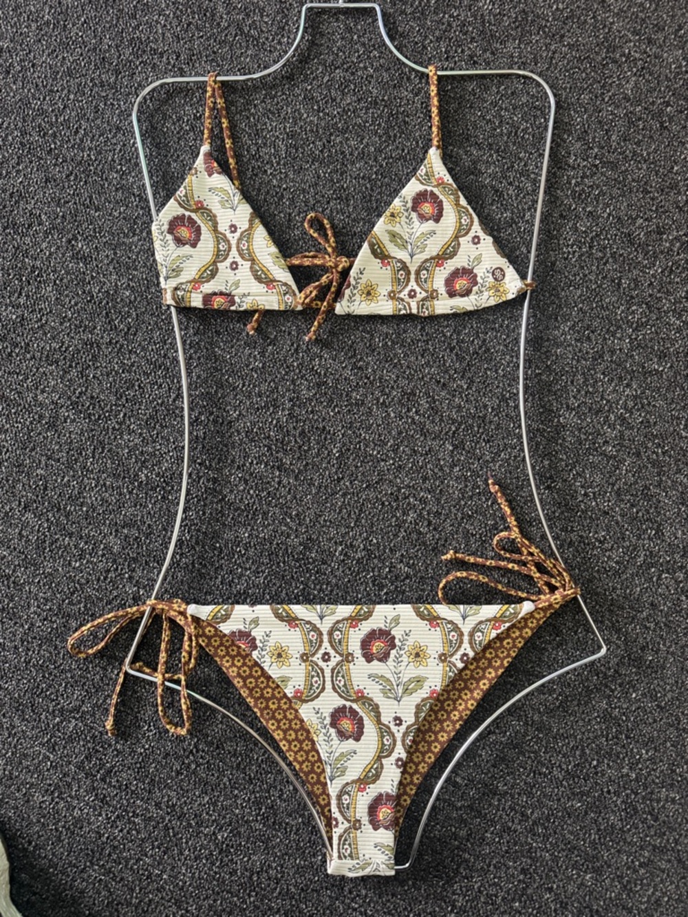 Floral Paisley Tie-Side Bikini Set in Cream and Brown
